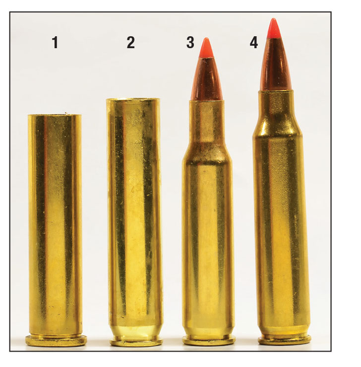 (1) The 357 Maximum, (2) 350 Legend, (3) 222 Remington and (4) 223 Remington. The 350 Legend is usually compared to the 223 Remington case but is actually closer in size to the 222 Remington.